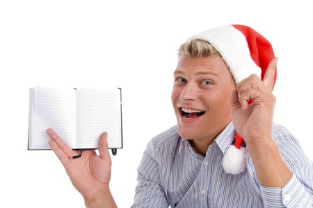 pointing man showing diary on an isolated white background
