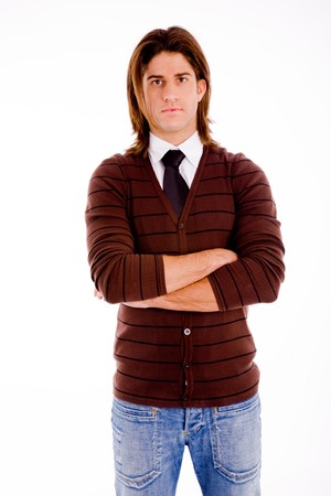 front view of man with folded hands on an isolated white backgroundの写真素材