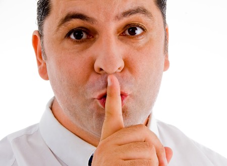 american man indicating for silent, close up