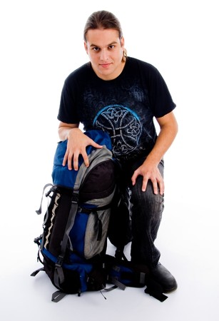 sitting man on luggage with white background