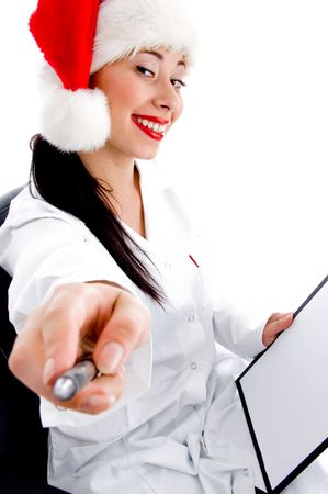 young doctor wearing christmas hat on white backgroundの写真素材