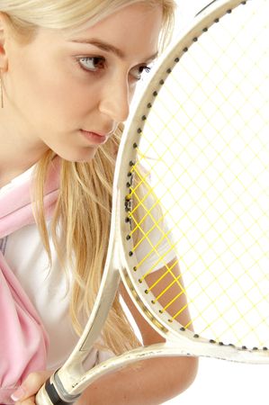 half length view of female playing tennis with white backgroundの写真素材