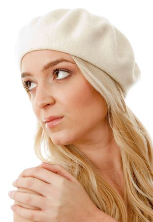 portrait of blonde female wearing cap with white backgroundの写真素材