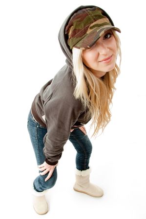 top view of smiling woman looking at camera on an isolated white backgroundの写真素材