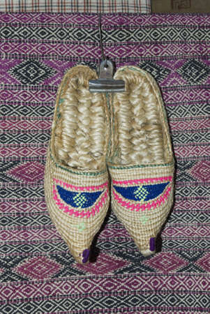 High angle view of traditional jute shoes, Katmandu, Nepalの写真素材
