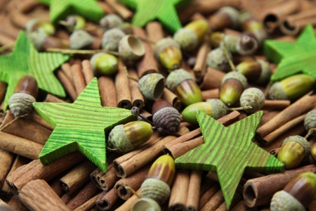 Close up of cinnamon and acorn decorationの写真素材