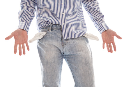 Close up of poor student broke - high fees isolated on white backgroundの写真素材