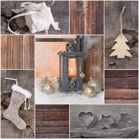 Mosaic Christmas greeting card with wood, gift, present, tree and latern in country styleの写真素材