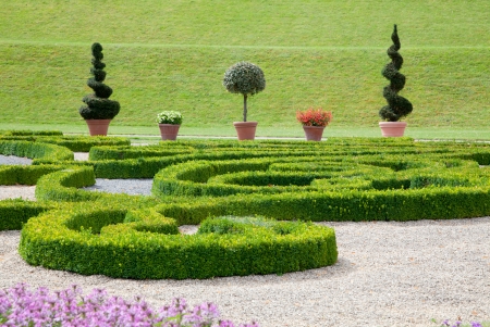 Modern asian garden with colorful flowers and boxwood - road - outside, outdoorの写真素材