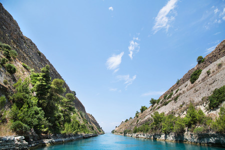 Crossing with a sail boat or yacht trough the Channel of Corinth. Its between Greece and Peloponnese.の写真素材