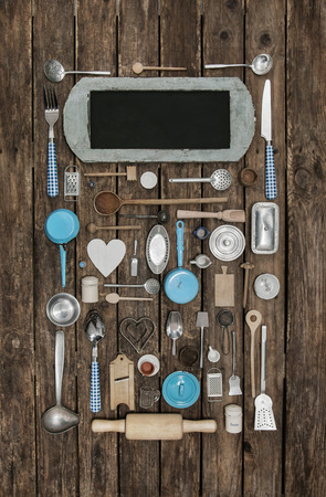 Menu card with old miniatures of doll's kitchen in vintage style for restaurants and gastronomy.の写真素材