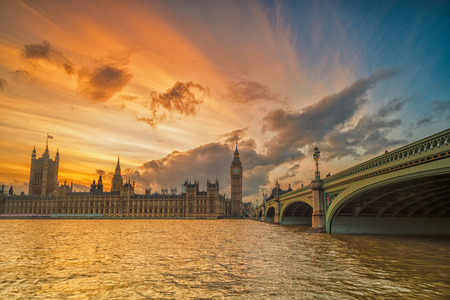 Colorful Sunset at Big Ben House of Parliament and Westminster Bridge