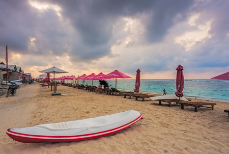 Parasols on empty beach in Bali, Indonesiaのeditorial素材