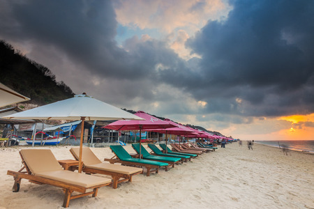 Parasols on empty beach in Bali, Indonesiaのeditorial素材