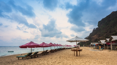Parasols on empty beach in Bali, Indonesiaのeditorial素材