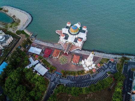 Aerial Photo - Top Down view of a floating mosque, The Melaka Straits Mosque,  located on the man-made Malacca Island near Melaka City, Melaka, Malaysia.のeditorial素材