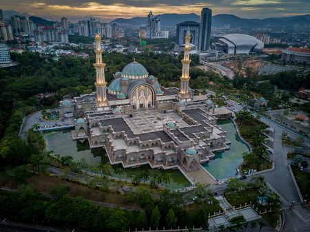 Aerial Photo - The Federal Territory Mosque at Kuala Lumpur, Malaysia at sunset, blue hourのeditorial素材
