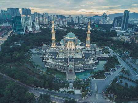 Aerial Photo - The Federal Territory Mosque at Kuala Lumpur, Malaysia at sunset, blue hour. Faded Film Effect Colorのeditorial素材