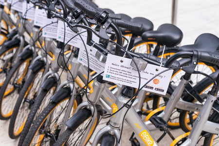 Malaysia, 2017 - oBike, makes their debut in the city of Kuala Lumpur. Users can rent a bike as low as RM1 for 15 minutes via their smart phone app.のeditorial素材