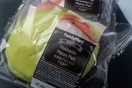 Malaysia, Circa 2019 - Family Mart Japanese Snack Melon Pan Bread in its packaging.  Melon Pan is a sweet bread originated from Japan.のeditorial素材
