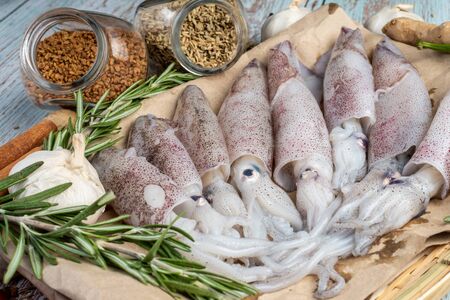 Fresh Raw Squids surrounded by spices and ingredient on a wooden tableの写真素材