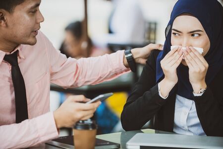 Girlfriend Sneezing, Boyfriend Worry. Health Care concept, contagious flu symptom.の写真素材