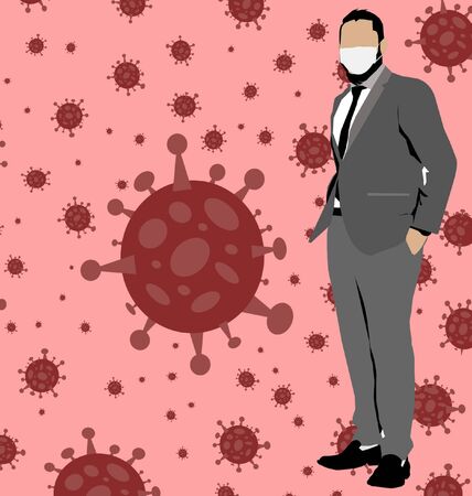 Businessman wearing surgical mask and Covid-19 Coronavirus Concept. Vector of virus.のイラスト素材
