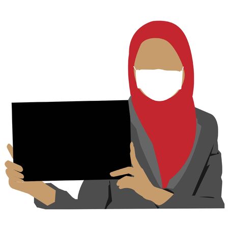 Muslim Businesswoman holding a blank signage. Wearing surgical mask. Covid-19 coronavirus concept.のイラスト素材