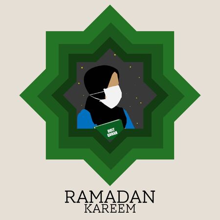 Ramadan Kareem - Girl wearing hijab holding Holy Quran. Covid-19 Coronavirus concept. Geometric patternのイラスト素材