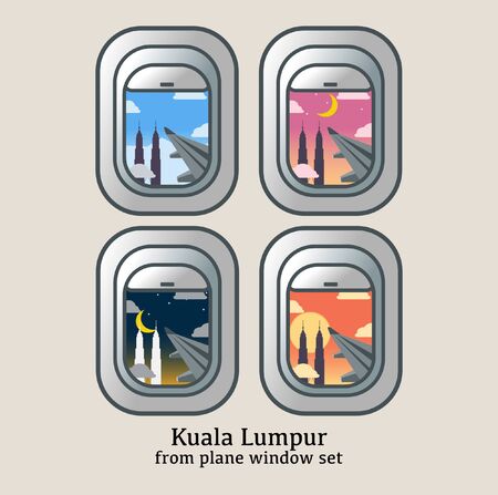 Kuala Lumpur View from Plane Window Set - Sunset, Sunrise, Night, Day View.のイラスト素材