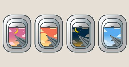 View from Plane Window Set - Sunset, Sunrise, Night, Day View.のイラスト素材