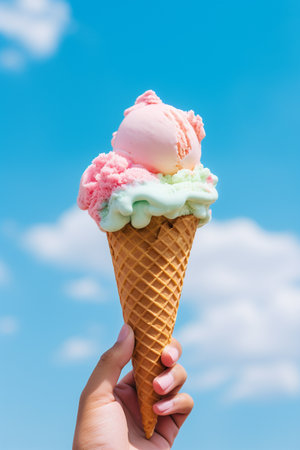 Colorful ice cream in a waffle cone. Vector illustration.の素材