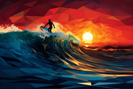 Surfer on the wave at sunset. Vector illustration for your designの素材