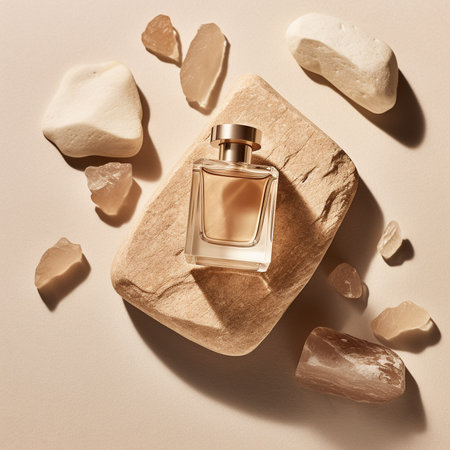 Perfume bottle with stones on beige background, top viewの素材