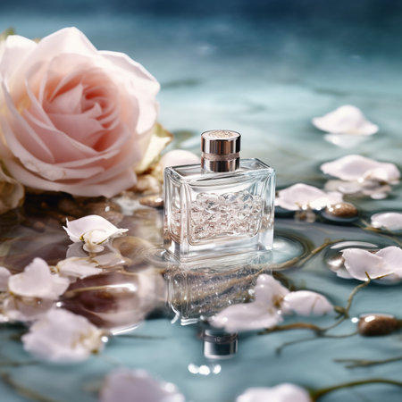 bottle of perfume and rose on a blue background with water dropsの素材