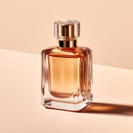 Perfume bottle on a beige background. 3d renderingの素材