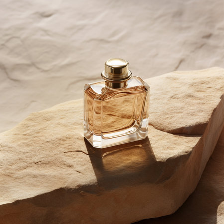 Perfume bottle on stone background. Perfumery productの素材