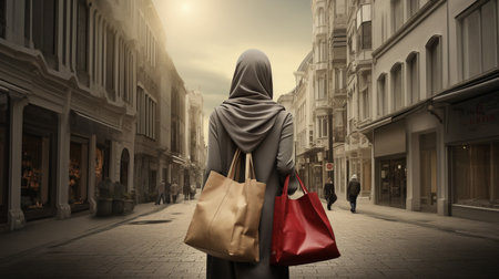 Muslim Shopper carrying shopping bags. View from behindの素材