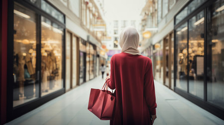 Muslim Shopper carrying shopping bags. View from behindの素材