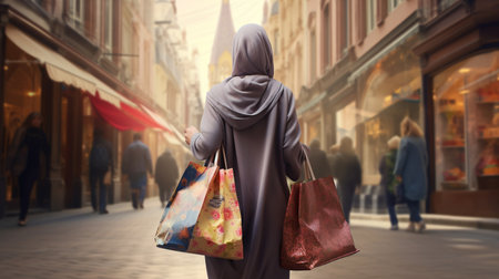 Muslim Shopper carrying shopping bags. View from behindの素材