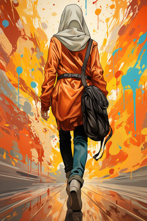 Muslim Shopper carrying shopping bags. Illustration. View from behindの素材