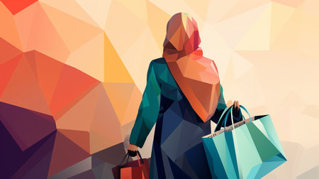 Muslim Shopper carrying shopping bags. Illustration. View from behindの素材