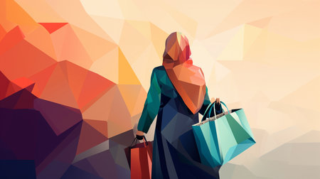 Muslim Shopper carrying shopping bags. Illustration. View from behindの素材
