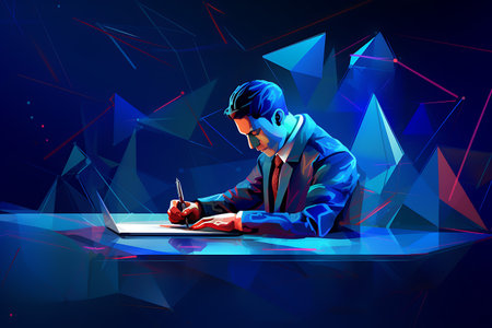 Vector illustration of a hacker in a hoodie with a laptop on a dark background.の素材