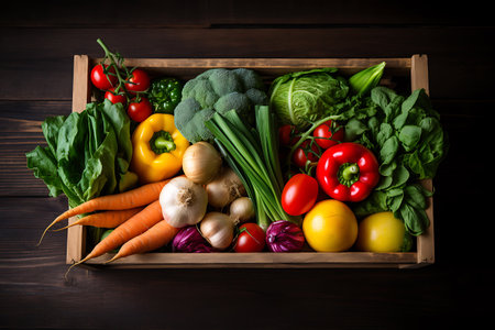 Wooden box with fresh organic vegetables on dark wooden background. Healthy food concept.の素材