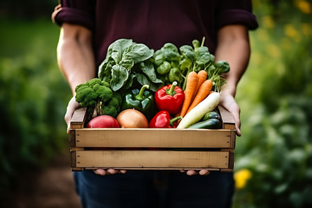 Farmer holding a wooden crate full of fresh organic vegetables in the gardenの素材