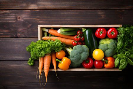 Wooden box with fresh organic vegetables on wooden background. Top viewの素材