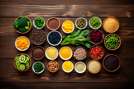 Healthy food selection in bowls on wooden background. Top view.の素材