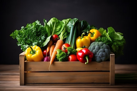 Fresh vegetables in wooden box on dark background. Healthy food concept.の素材