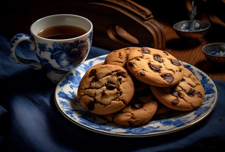 Chocolate chip cookies falling on wooden table. 3D Renderingの素材